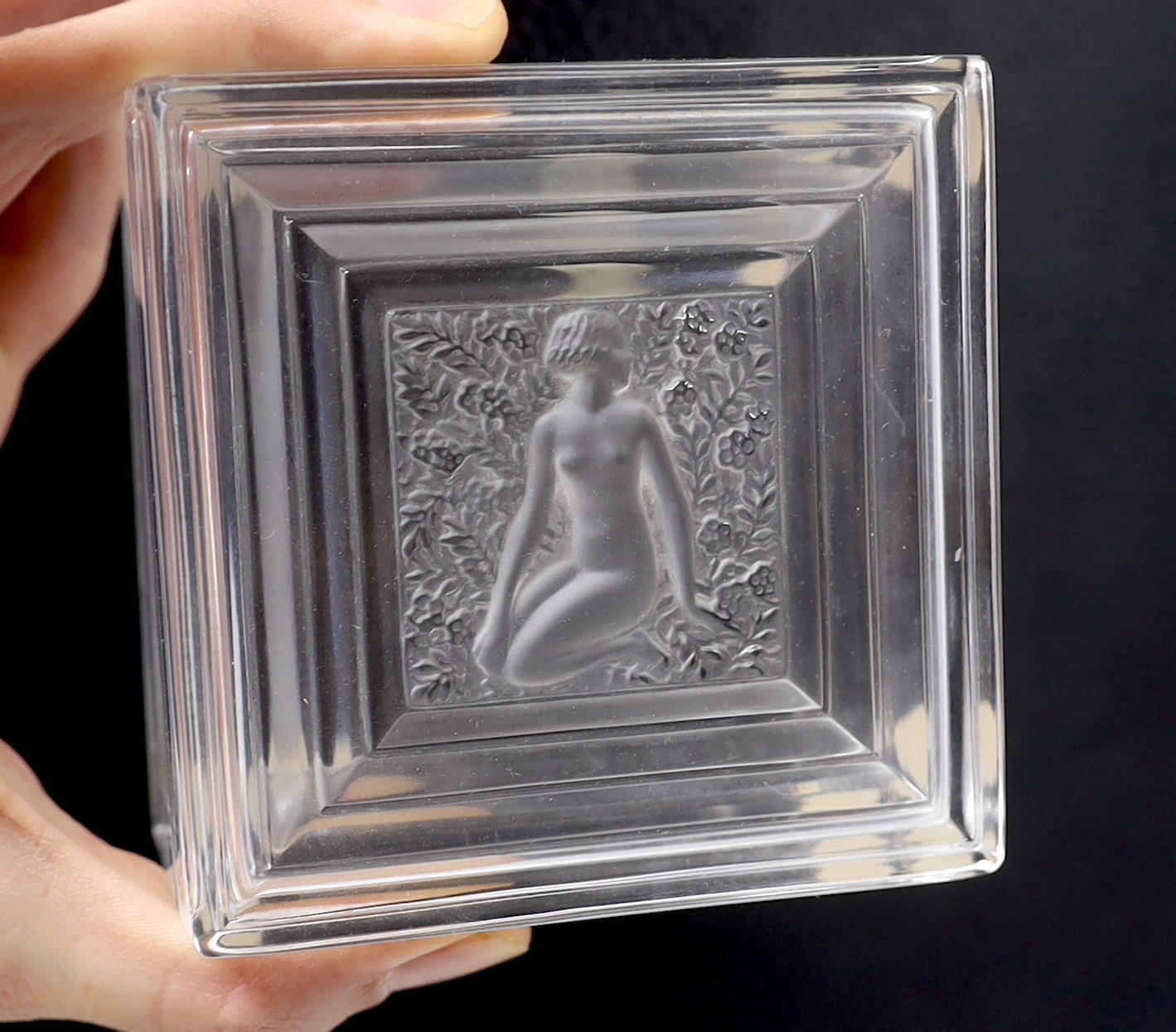 Two Lalique Duncan pattern glass scent bottles and stoppers and a matching toilet box and cover, tallest 20cm